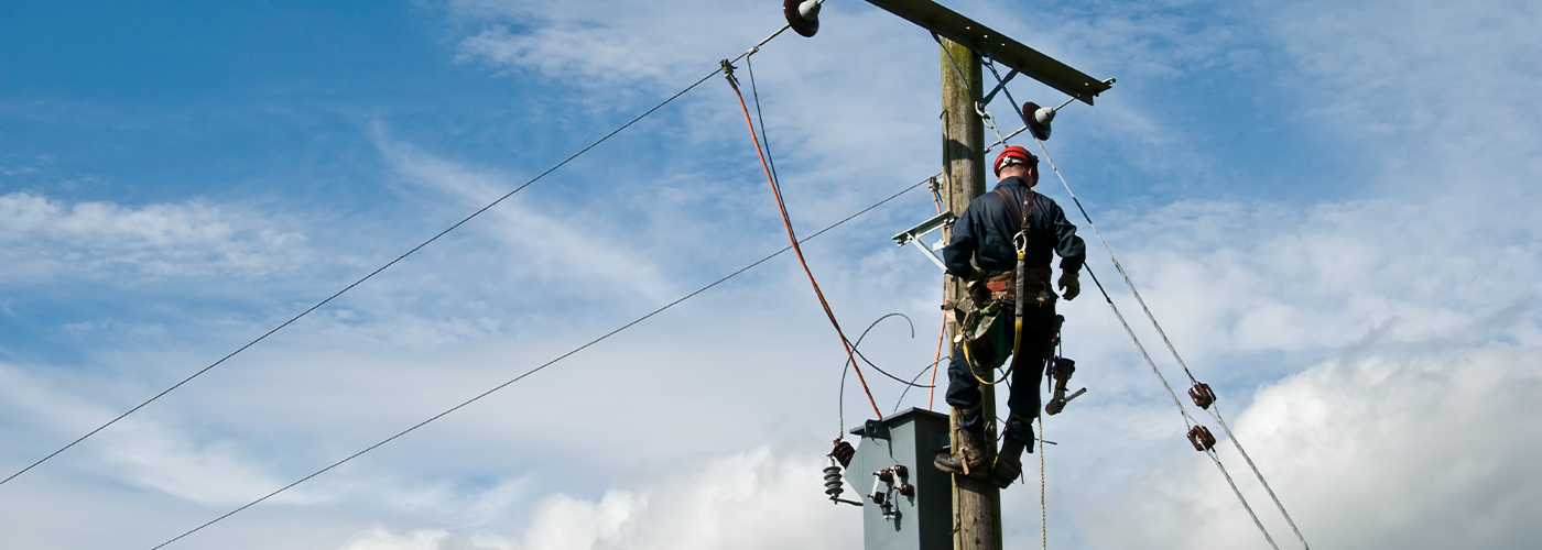 Technician working on aerial network pole.