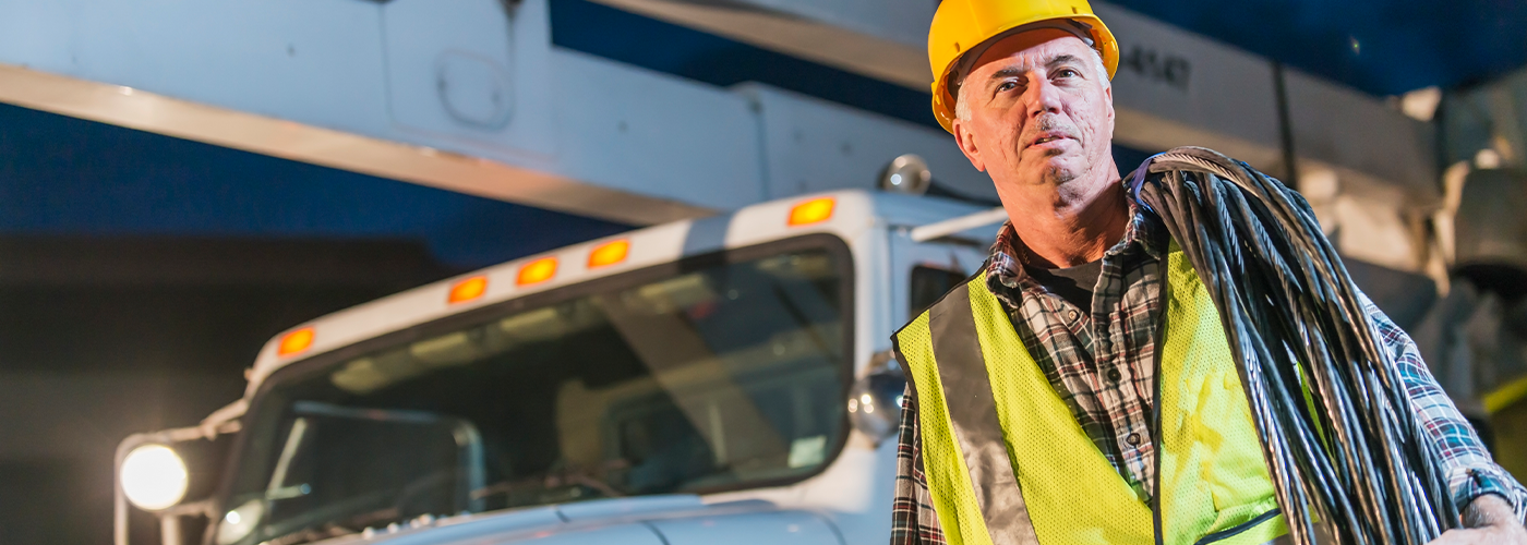 Man-carrying-fiber-spool-around-shoulder-while-standing-in-front-of-bucket-truck