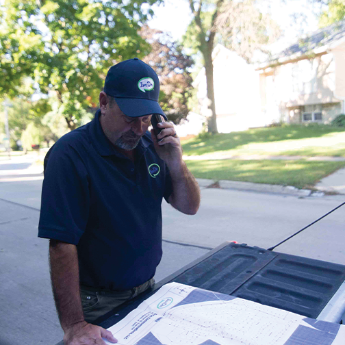 ImOn construction technician looking at a map on the tailgate of his work truck speaking on the phone in a new residential expansion neighborhood.